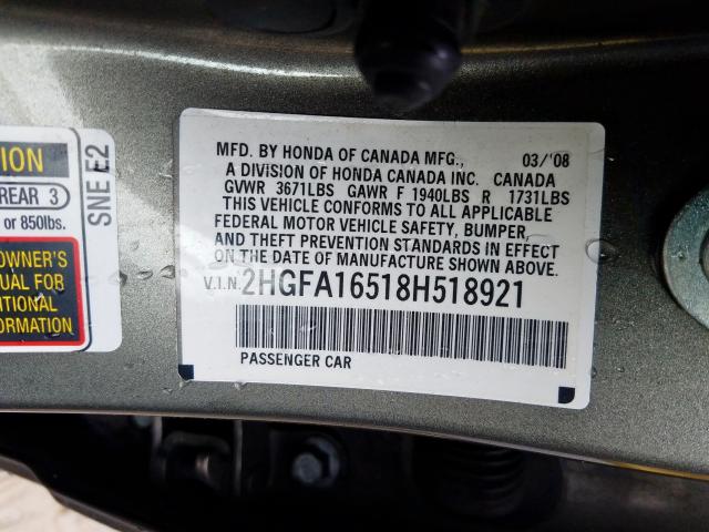 2HGFA16518H518921 - 2008 HONDA CIVIC LX  photo 10