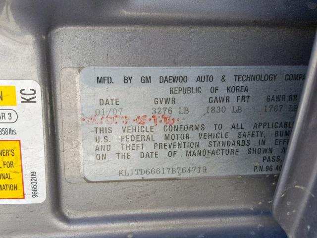 KL1TD66617B764719 - 2007 CHEVROLET AVEO BASE Сұр фото 10