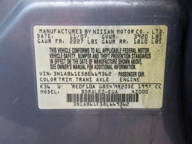 3N1AB61E58L669362 - 2008 NISSAN SENTRA 2.0 GRAY photo 10