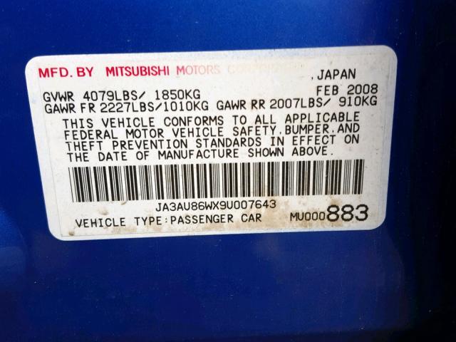 JA3AU86WX9U007643 - 2009 MITSUBISHI LANCER GTS BLUE photo 10