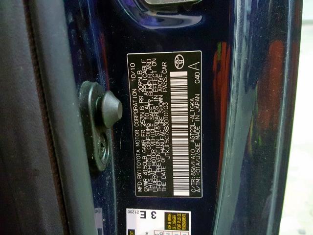 JTKJF5C7XB3010103 - 2011 TOYOTA SCION TC BLUE photo 10