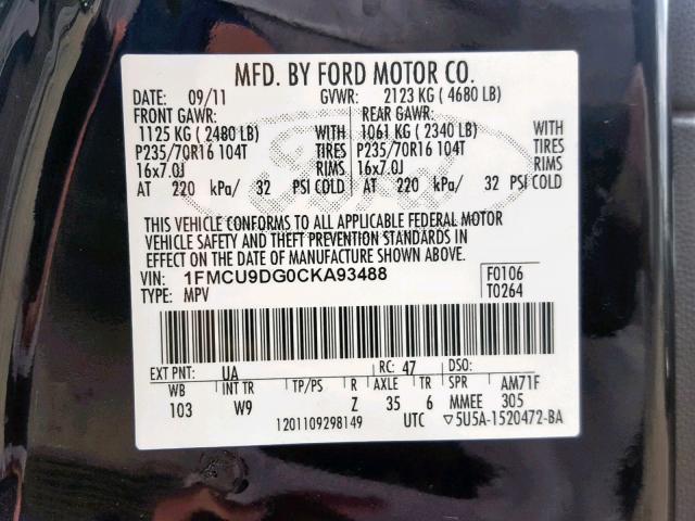 1FMCU9DG0CKA93488 - 2012 FORD ESCAPE XLT BLACK photo 10