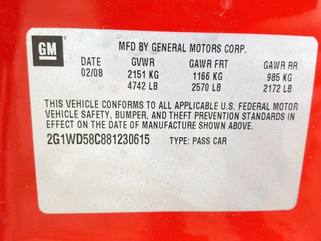 2G1WD58C881230615 - 2008 CHEVROLET IMPALA SUP წითელი ფოტო 10