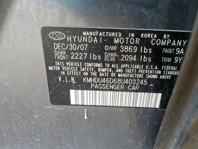 KMHDU46D68U403245 - 2008 HYUNDAI ELANTRA GLS  photo 10