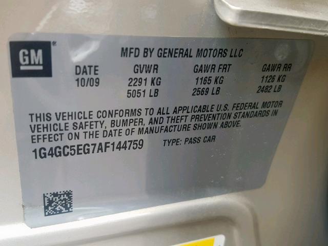 1G4GC5EG7AF144759 - 2010 BUICK LACROSSE C CREAM photo 10