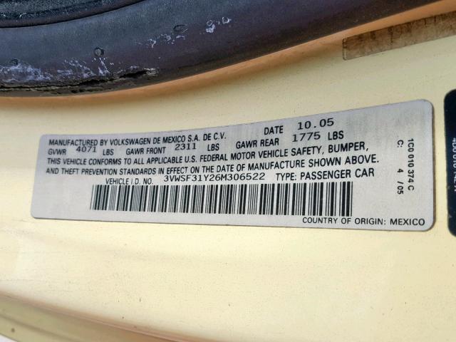 3VWSF31Y26M306522 - 2006 VOLKSWAGEN NEW BEETLE Sarı foto 10
