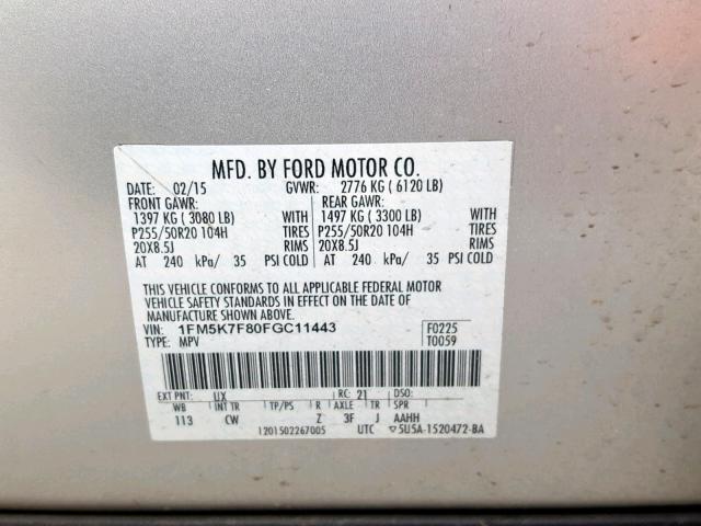 1FM5K7F80FGC11443 - 2015 FORD EXPLORER L SILVER photo 10