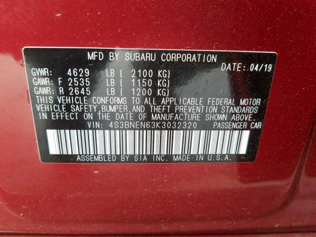 4S3BNEN63K3032320 - 2019 SUBARU LEGACY 3.6R LIMITED  photo 10