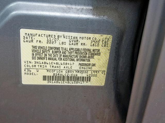 3N1AB61E48L658417 - 2008 NISSAN SENTRA 2.0 GRAY photo 10