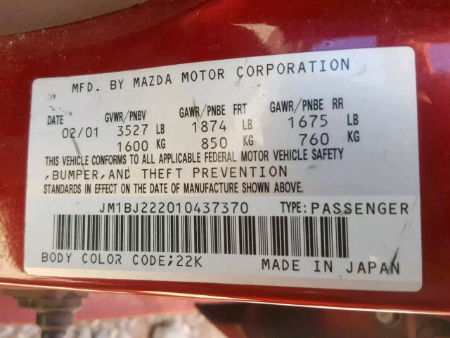 JM1BJ222010437370 - 2001 MAZDA PROTEGE DX RED photo 10