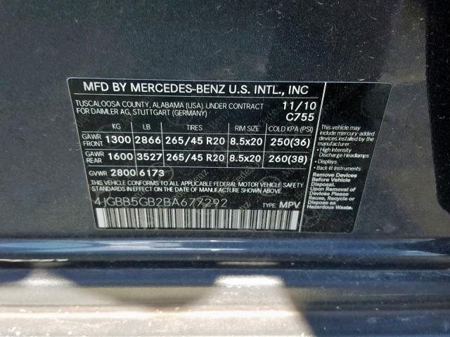 4JGBB5GB2BA677292 - 2011 MERCEDES-BENZ ML 350 GRAY photo 10