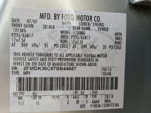 2FMDK36C87BB44687 - 2007 FORD EDGE SE GRAY photo 10