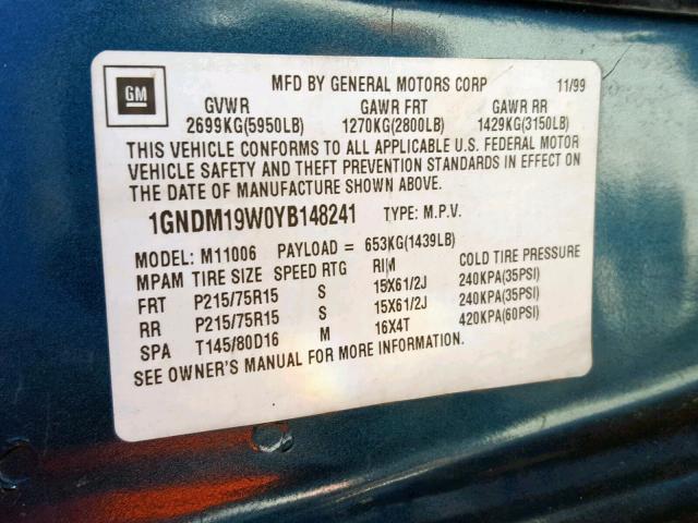 1GNDM19W0YB148241 - 2000 CHEVROLET ASTRO GREEN photo 10