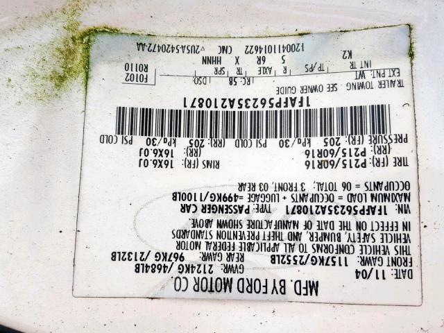 1FAFP56235A210871 - 2005 FORD TAURUS SEL WHITE photo 10