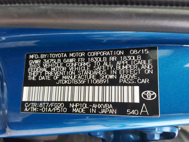 JTDKDTB36F1108891 - 2015 TOYOTA PRIUS C BLUE photo 10