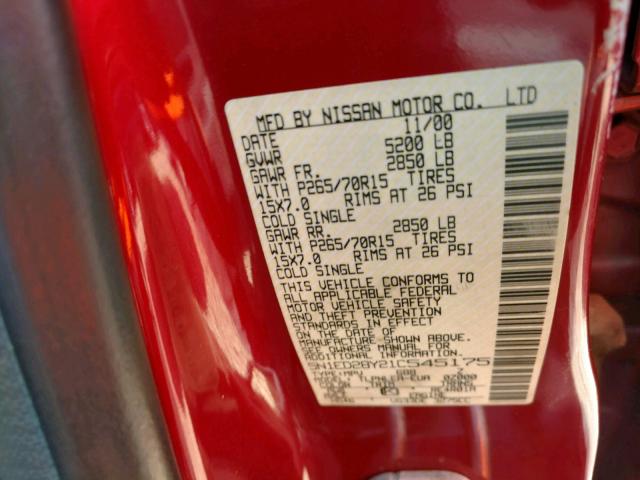 5N1ED28Y21C545175 - 2001 NISSAN XTERRA XE RED photo 10