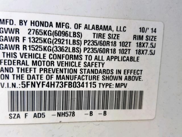 5FNYF4H73FB034115 - 2015 HONDA PILOT EXLN WHITE photo 10