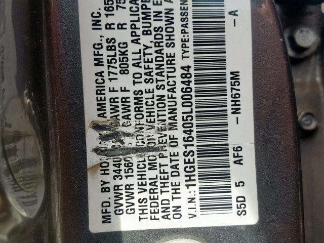 1HGES16405L006484 - 2005 HONDA CIVIC DX GRAY photo 10