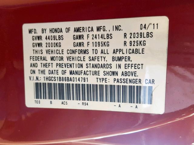 1HGCS1B86BA014791 - 2011 HONDA ACCORD EXL RED photo 10