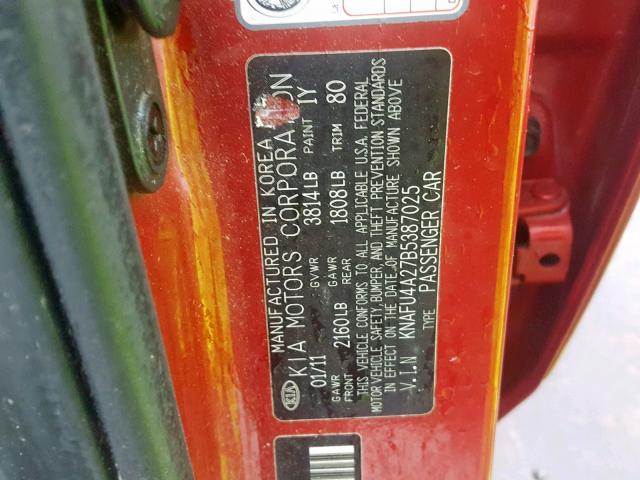 KNAFU4A27B5387025 - 2011 KIA FORTE EX RED photo 10