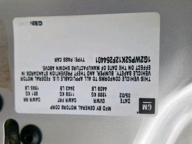 1G2WP52K12F264401 - 2002 PONTIAC GRAND PRIX 银色 照片 10