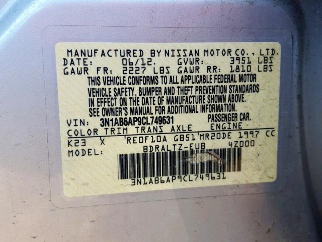 3N1AB6AP9CL749631 - 2012 NISSAN SENTRA 2.0 SILVER photo 10