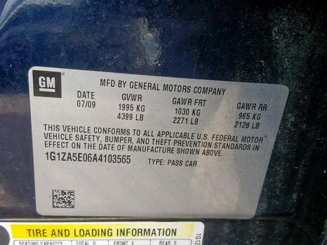 1G1ZA5E06A4103565 - 2010 CHEVROLET MALIBU LS BLUE photo 10