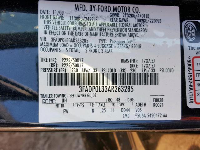 3FADP0L33AR263285 - 2010 FORD FUSION HYB BLACK photo 10