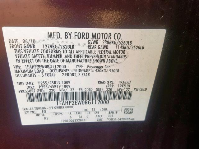 1FAHP2EW0BG112000 - 2011 FORD TAURUS SEL BURGUNDY photo 10