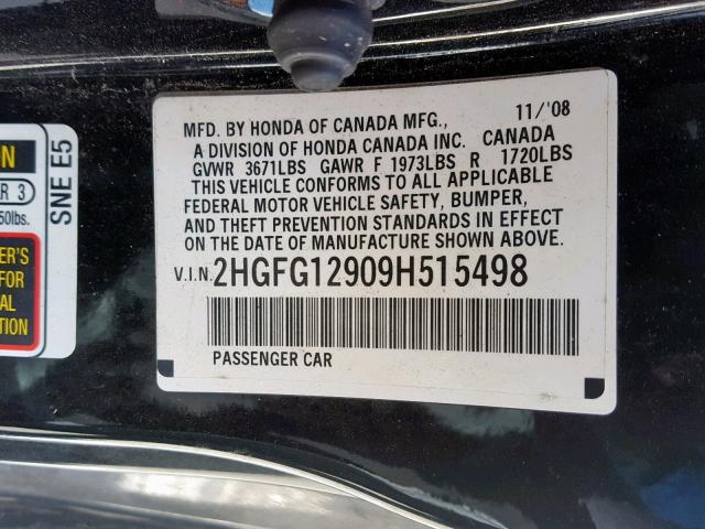 2HGFG12909H515498 - 2009 HONDA CIVIC EXL BLACK photo 10