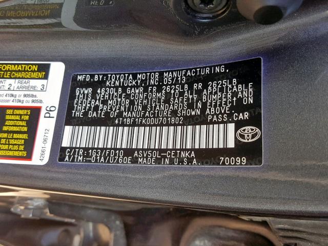4T1BF1FK0DU701802 - 2013 TOYOTA CAMRY L GRAY photo 10