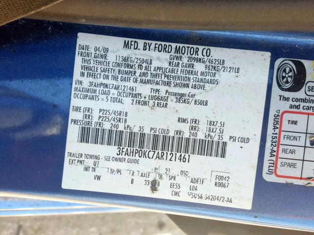 3FAHP0KC7AR121461 - 2010 FORD FUSION SPO BLUE photo 10