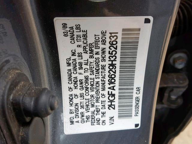 2HGFA16629H352631 - 2009 HONDA CIVIC LX-S رمادي صورة 10