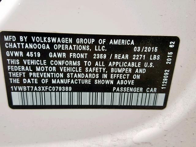 1VWBT7A3XFC079389 - 2015 VOLKSWAGEN PASSAT SE WHITE photo 10