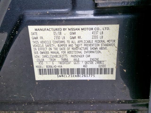 1N4CL21EX8C261775 - 2008 NISSAN ALTIMA HYB GRAY photo 10