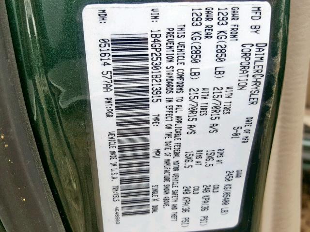 1B4GP25301B213915 - 2001 DODGE CARAVAN SE GREEN photo 10