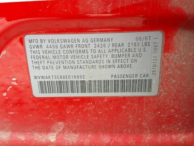 WVWAK73C88E016992 - 2008 VOLKSWAGEN PASSAT KOM RED photo 10