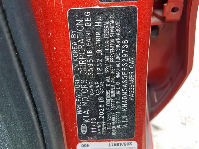 KNADN5A35E6329738 - 2014 KIA RIO EX RED photo 10