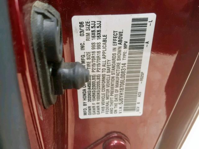 5J6YH18706L008314 - 2006 HONDA ELEMENT EX MAROON photo 10