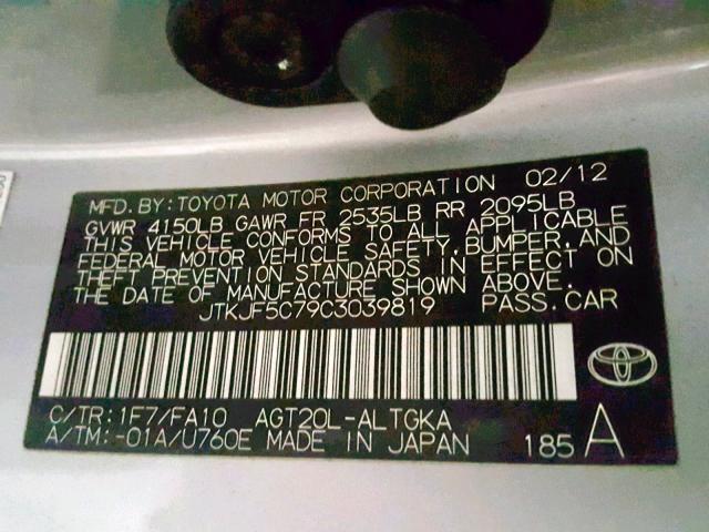 JTKJF5C79C3039819 - 2012 TOYOTA SCION TC SILVER photo 10