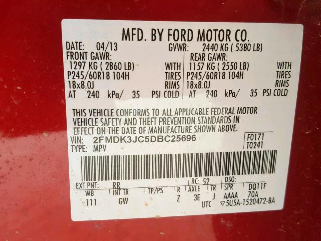 2FMDK3JC5DBC25696 - 2013 FORD EDGE SEL RED photo 10