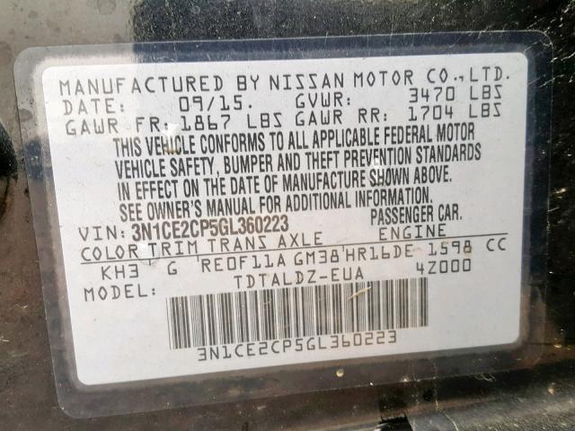 3N1CE2CP5GL360223 - 2016 NISSAN VERSA NOTE BLACK photo 10