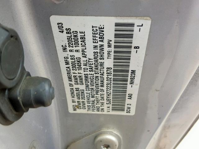 5J6YH27223L021878 - 2003 HONDA ELEMENT DX GRAY photo 10