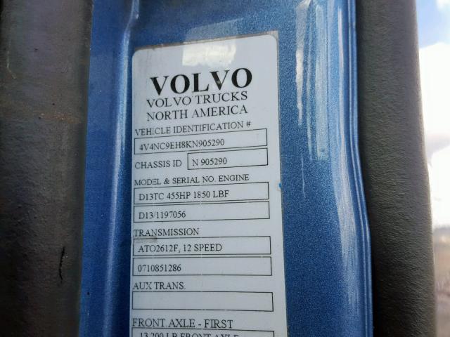 4V4NC9EH8KN905290 - 2019 VOLVO VN VNL BLUE photo 10