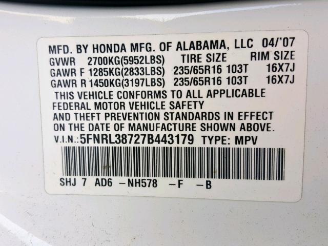 5FNRL38727B443179 - 2007 HONDA ODYSSEY EX WHITE photo 10