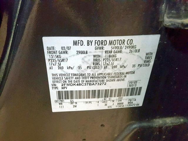 2FMDK48C37BA73272 - 2007 FORD EDGE SEL GRAY photo 10