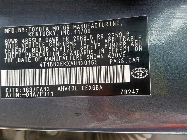 4T1BB3EKXAU120165 - 2010 TOYOTA CAMRY HYBR GRAY photo 10