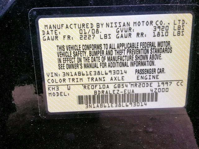 3N1AB61E38L693014 - 2008 NISSAN SENTRA 2.0 BLACK photo 10