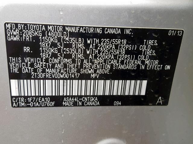 2T3DFREV0DW001417 - 2013 TOYOTA RAV4 LIMIT SILVER photo 10