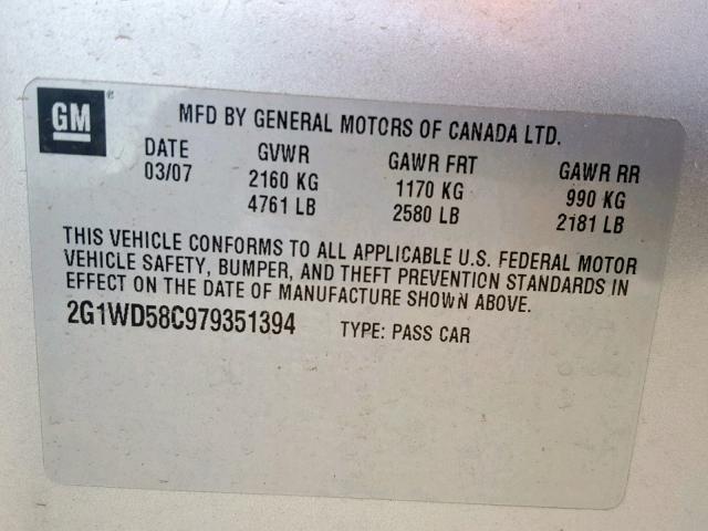 2G1WD58C979351394 - 2007 CHEVROLET IMPALA SUP ვერცხლისფერი ფოტო 10